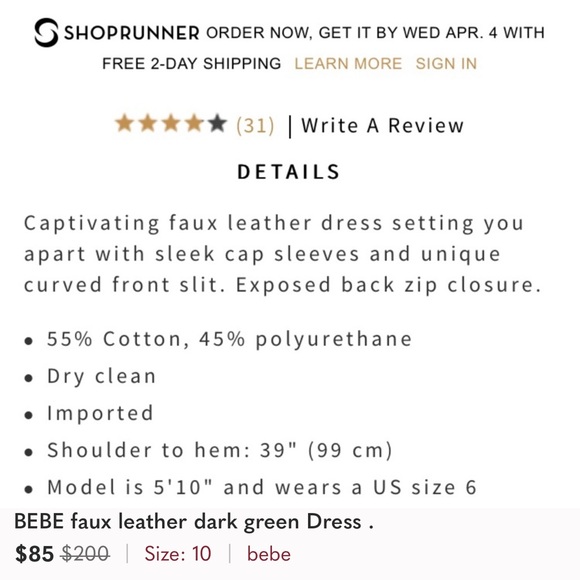 BEBE faux leather dark green Dress . - Picture 3 of 3